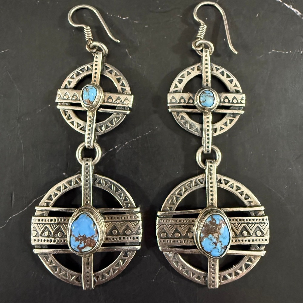 Sterling Silver Raw Turquoise Native American Wheel Cross Dangle Earrings
